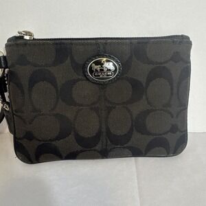 Coach Signature Small Wristlet Wallet Black Jacquard Blue Satin Lining So‎ Nice!